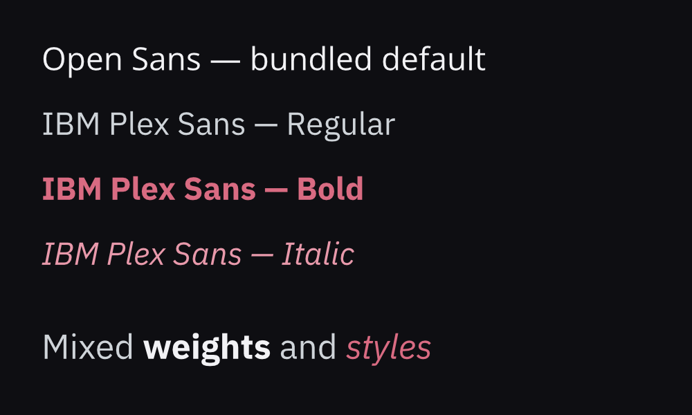 Open Sans and IBM Plex Sans rendered by ONDA — Regular, Bold and Italic, plus a single line mixing all three faces